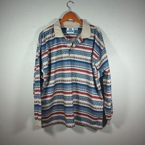 Vintage Denim Express Fleece Long Sleeve Collared Shirt Top Striped Aztec XL